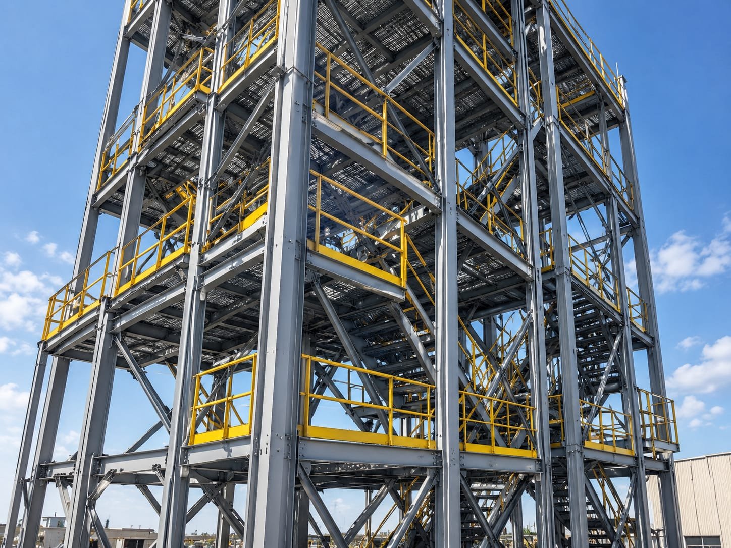 Estrutura metálica industrial de múltiplos níveis com plataformas e guarda-corpo