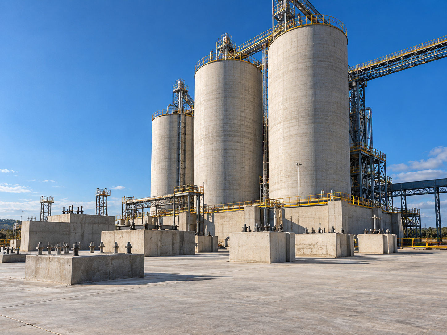 Bases e silos de concreto: fundações com chumbadores e silos em construção