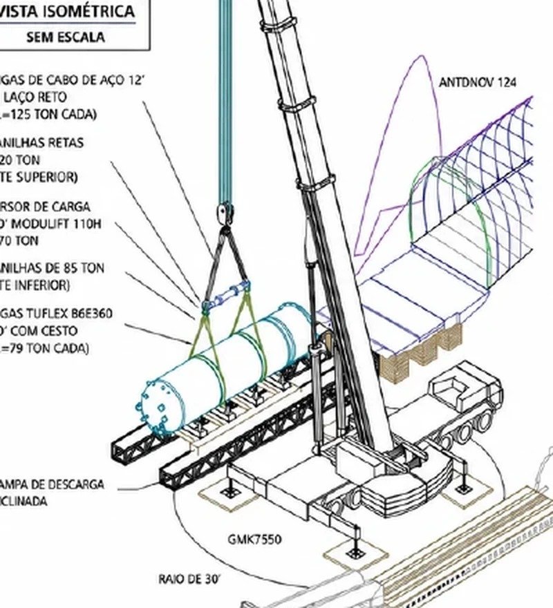 Plano de rigging da PrecEng: elevação de vaso de pressão com guindaste GMK7550