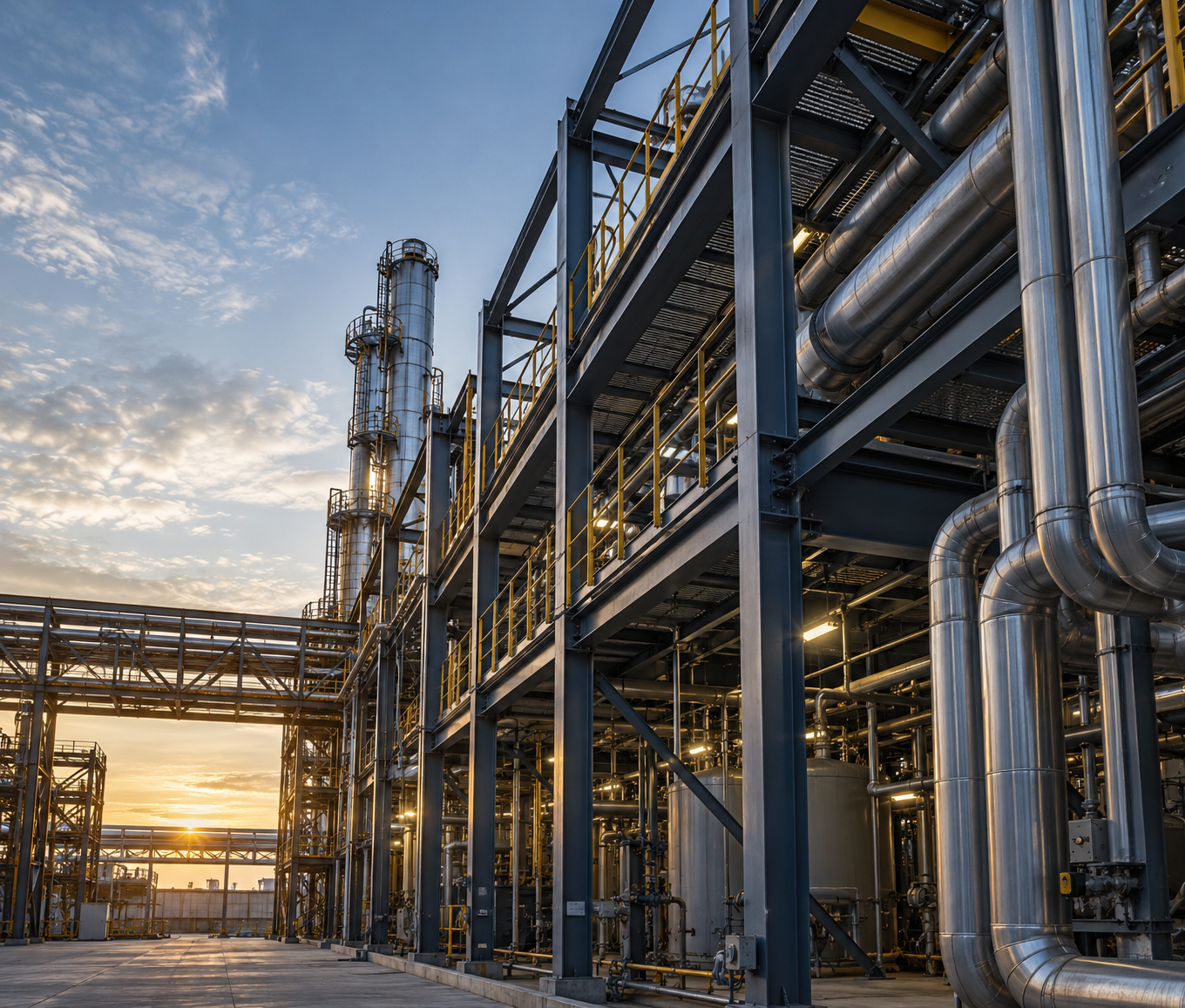 Planta industrial em operação: coluna, pipe rack e estrutura metálica