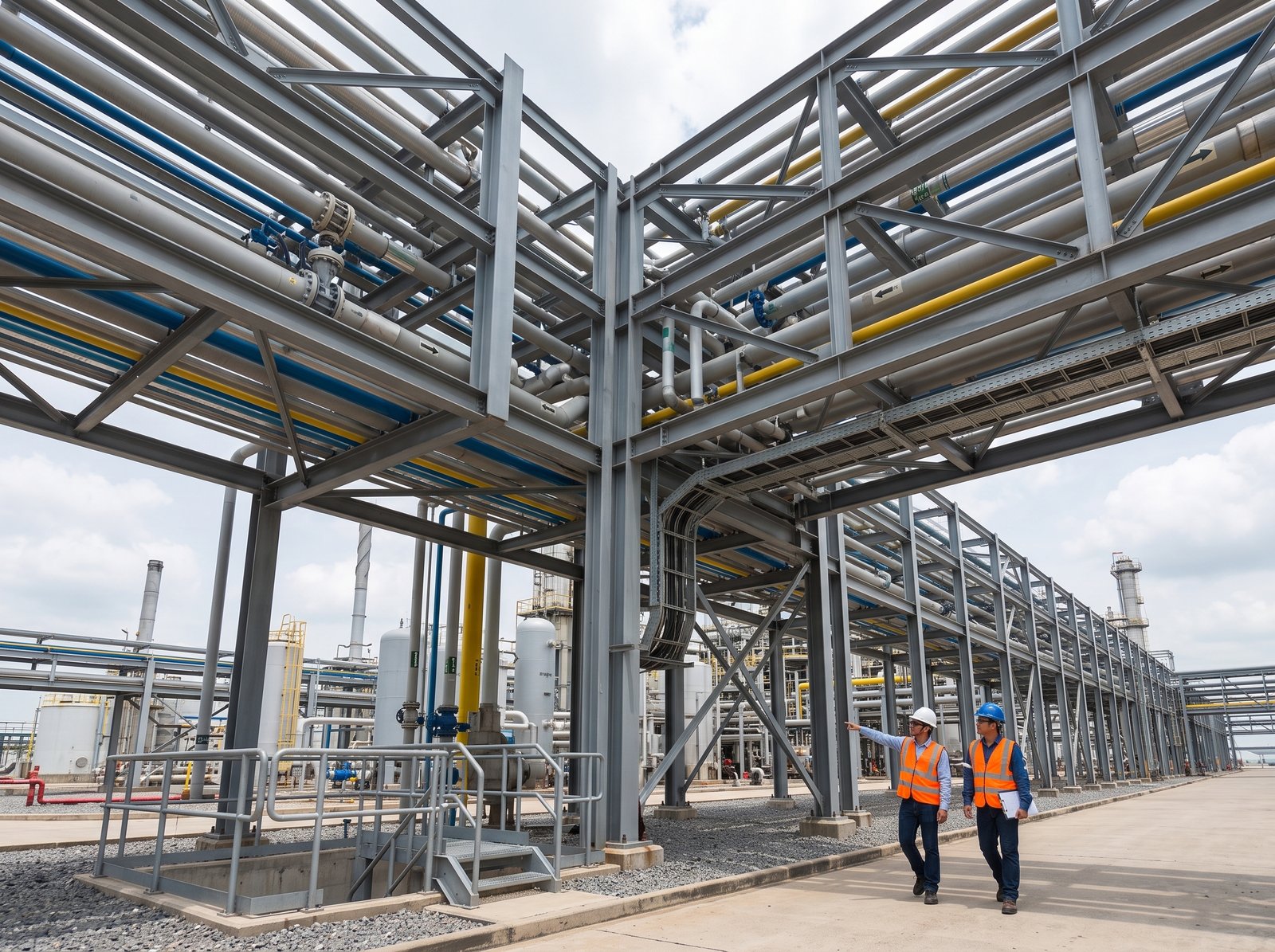 Pipe rack industrial com tubulação, válvulas e estrutura de suporte